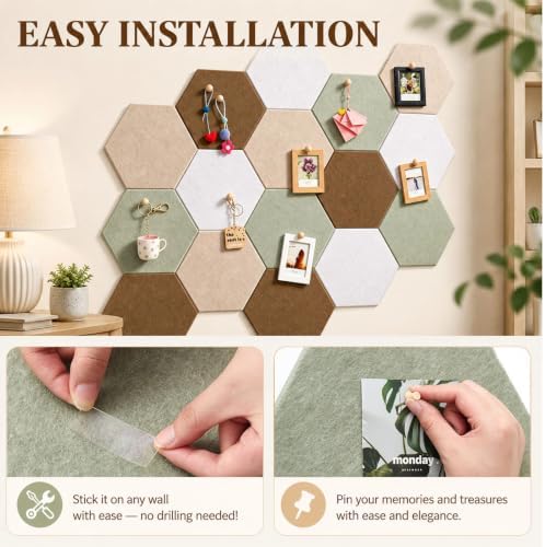 12x10 in 16 Pcs Hexagon Cork Board Tiles, Felt Pin Boards, Sage