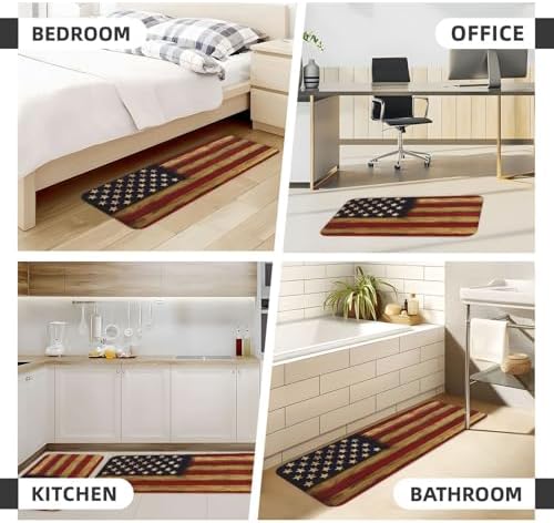 Vintage America Flag Kitchen Floor Mat Set of 2, Non Slip Rugs Absorbent Mats for Floor Countertop Office Home, Striped Star Flag Indoor Outdoor Decor Doormat 17" x 29.5" + 17" x 47"