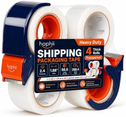 Packing Tape with Dispenser, Heavy-Duty Clear BOPP, Strong Adhesive, 48 mm x 66.6 yd, 4 Rolls + 2 Dispensers