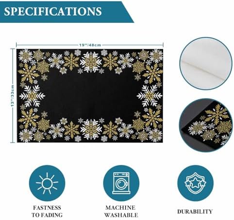 Gold White Snowflakes Chriatmas Placemat 1PC, Winter Xmas Holiday Heat Resistant Washable Table Place Mats Black Cotton Table Linens Party Holiday Decor for Kitchen Dining Outdoor Indoor