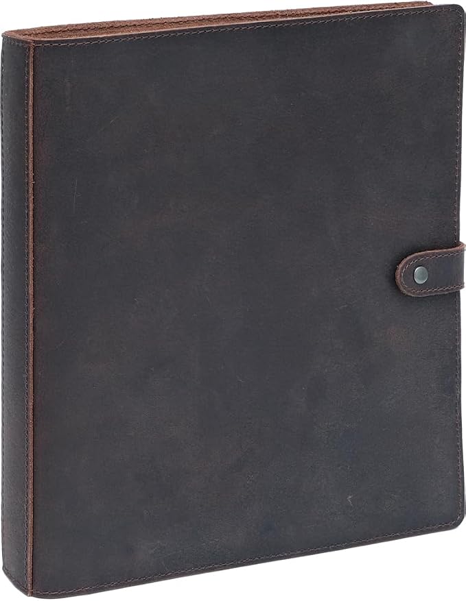 Fan&Ran Leather 3 Ring Binder, 1" Round Rings for 8.5"x11" Paper and Sheet Protectors, Interior Pockets & Snap Closure, Letter Size, Vintage Brown