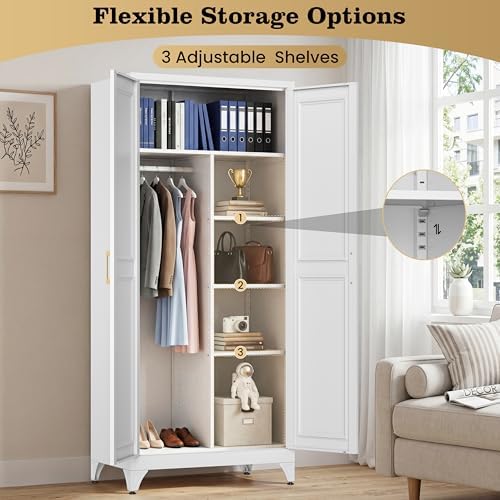 71" Metal Storage Cabinet with Hanging Rod, Tall White Wardrobe Closet with 3 Adjustable Shelves, Heavy Duty Steel Office Armoire, Modern Minimalist Design for Bedroom, Laundry Room