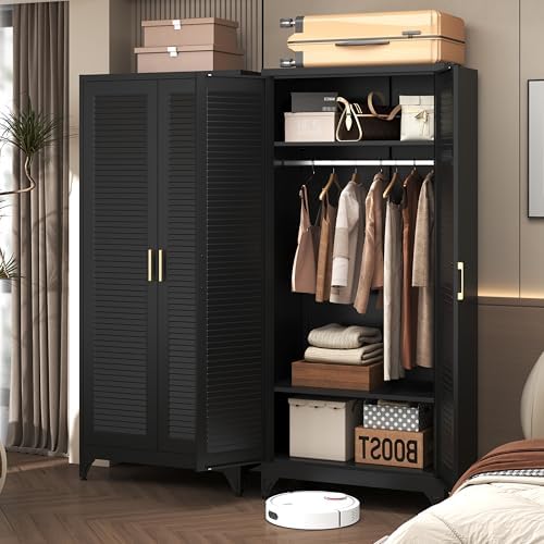 Steeloong 71"Armoire Wardrobe Close,Black Wardrobe Cabinet with Hanging Rod