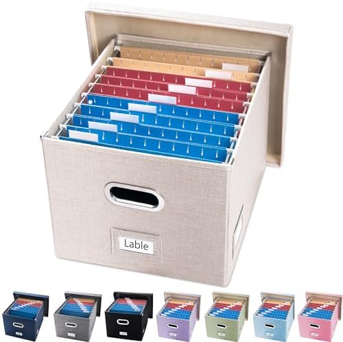 PRANDOM File Organizer Box - Set of 1 Collapsible Decorative Linen Filing Storage Hanging File Folders with Lids Office Cabinet Letter/Legal Size Light Grey (17x14x11.2 inch)