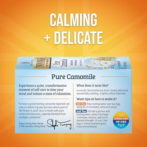 Twinings Pure Camomile Herbal Caffeine-Free Tea Bags, 20 CT Box (6 Pack)
