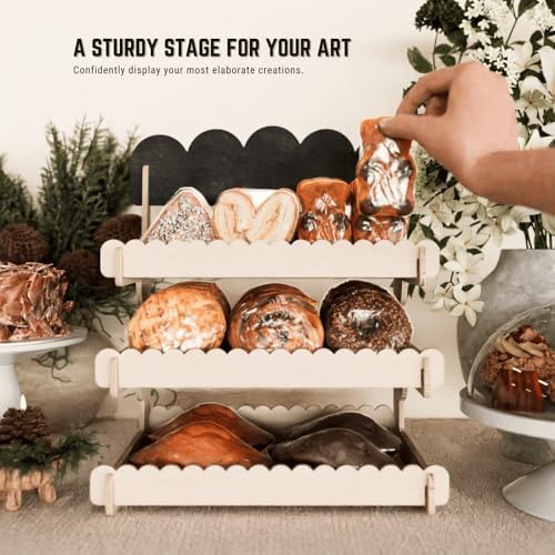 HOTCAN Wooden Cookie Display Stand with Chalkboard Sign for Bakers, Vendors, Craft Fairs | Pastry Display for Market Booths & Events | 3 Tiered Cookie Display for Muffins, Cakes, and Pastries(Natural)