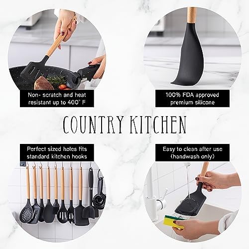 Country Kitchen Non Stick Silicone Utensil Set with Rounded Wood Handles for Cooking and Baking, 38 Piece Set, Black