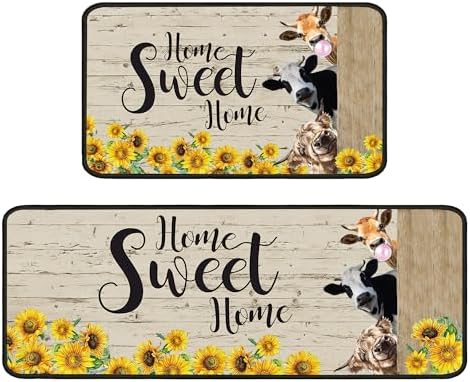 Cow Sunflower Kitchen Rug for Floor 2 Piece Sets, Home Sweet Home Kitchen Rugs, Cow Kitchen Mats in Front of Sink and Sunflower Kitchen Mat for Standing for Kitchen Decor 17"X30"+17"X47"