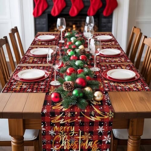 Merry Christmas Placemat 1PC, Gold Xmas Tree Heat Resistant Washable Table Place Mats Red Black Buffalo Plaid Pattern Cotton Table Linens Party Holiday Decor for Kitchen Dining Outdoor Indoor