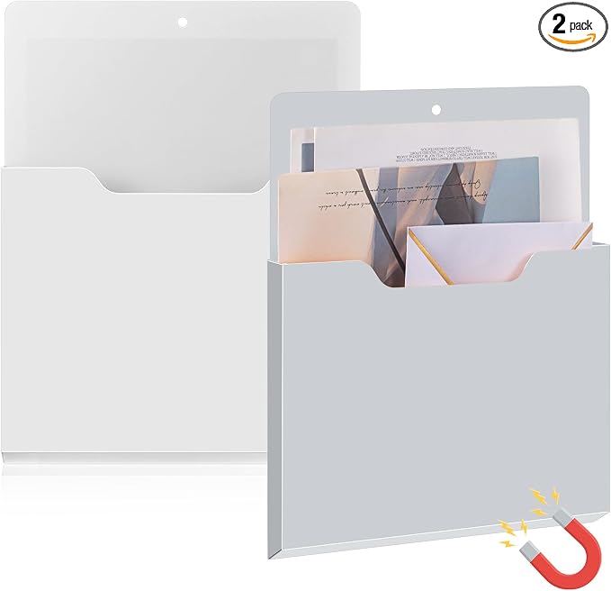 Feifeiya 2 Pcs Magnetic File Folder Wall Hanging Holder Large Pocket Paper Magazine Mail Organizer for Refrigerator Classroom Locker Whiteboard(Vertical,White Grey,12.2 x 9.4 Inches)