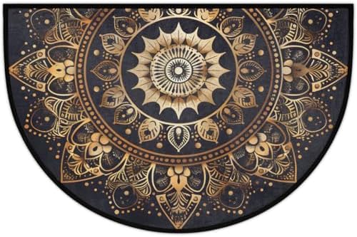 Half Round Door Mat Mandala Boho Bohemian Black Non Slip Washable Semi Circle Area Rug Absorbent Soft Half Moon Rug Floor Mat for Indoor Outdoor Kitchen Bathroom Patio Front Door Mat Decor