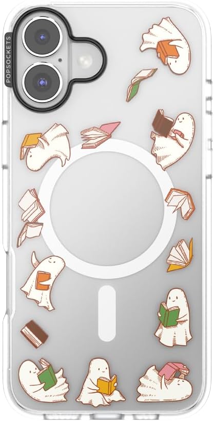 PopSockets iPhone 16 Plus Phone Case with MagSafe, Wireless Charging Compatible, Bookish - Spooky Book Club Clear