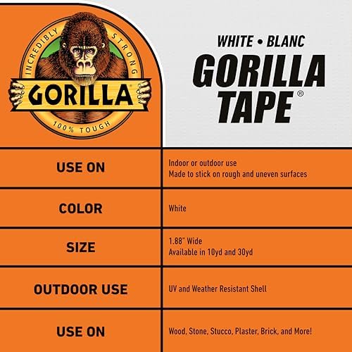 Gorilla Tape, White Duct Tape, 1.88" x 30 yd, White | (Pack of 12)