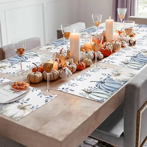 Fall Placemats Set of 6, White Blue Pumpkin Place Mats Blue Eucalyptus Leaves Tablemats Harvest Thanksgiving Placemat Table Decoration for Kitchen Table Holiday Dinner Party Autumn Home Decor