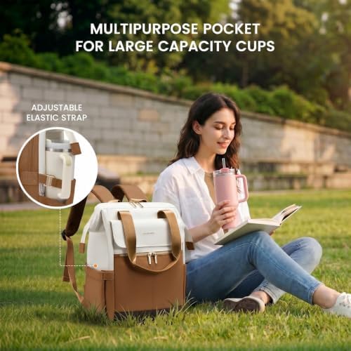 LOVEVOOK Laptop Backpack for Women with Giant Tumbler Holder, 15.6 Inch Work Laptop Bag with USB Port, Fashion Teacher Nurse Backpack Purse, Waterproof Travel Computer Backpack, 2PCS,Off-white-Yellow