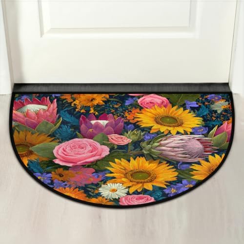 Sunflower Rose Half Round Door Mat Non Slip Washable Semi Circle Area Rug Absorbent Soft Half Moon Rug Floor Mat for Indoor Outdoor Kitchen Bathroom Patio Front Door Mat Decor