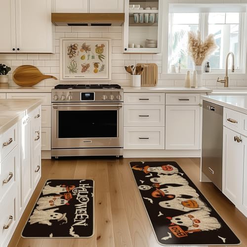 Artoid Mode Ghost Bat Black Halloween Kitchen Mats Set of 2-17x29+17x47
