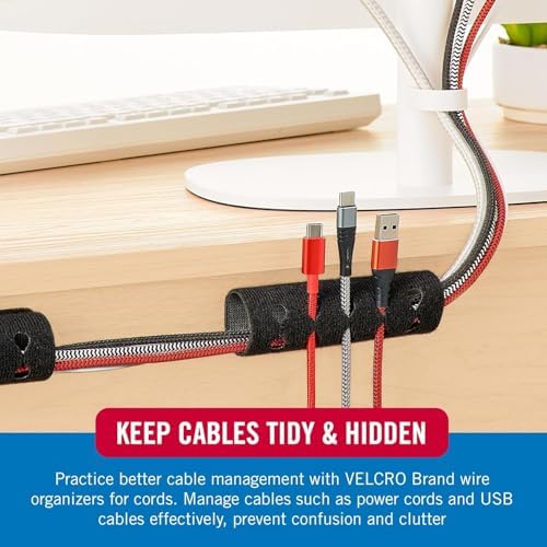 VELCRO Brand Complete Desk Cable Management Kit | 8in Mountable Cable Sleeve 2pk + 150pk Reusable Cable Ties + Desk & Nightstand Cord Organizer | Black, Damage-Free Mounting