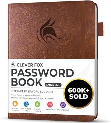 Clever Fox Password Book with Alphabetical Tabs, 7"x10" Keeper Brown