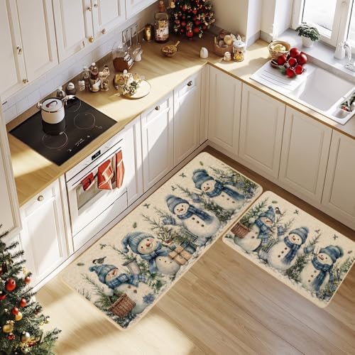 Baccessor Christmas Kitchen Rugs Set of 2 Blue Snowman 17x29 and 17x47 Inch