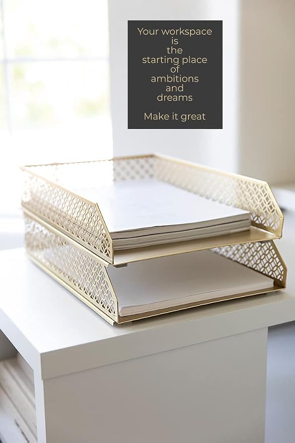 BLU MONACO | Paper Tray Stackable Gold Set of 2 | Stackable File Trays for Desk Organization | Tiered Desk Organizer with Metal Letter Trays