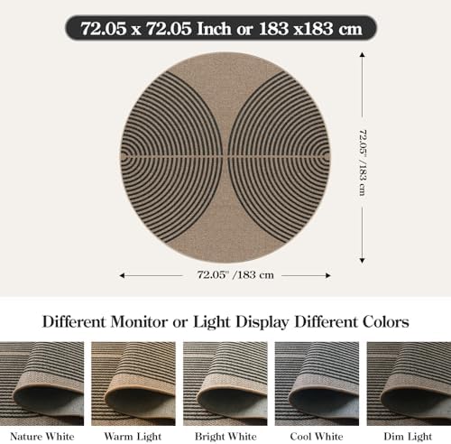 Lahome Modern Rainbow Round Rug, 6ft Easy Jute Brown Circle Patio Rug