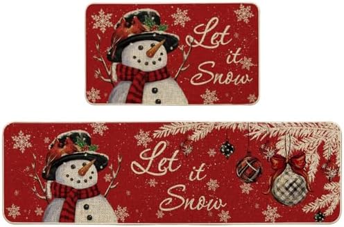 Artoid Mode Snowman Let It Snow Snowflake Christmas Kitchen Mats Set of 2, Winter Home Decor Low-Profile Kitchen Rugs for Floor - 17x29 and 17x59 Inch