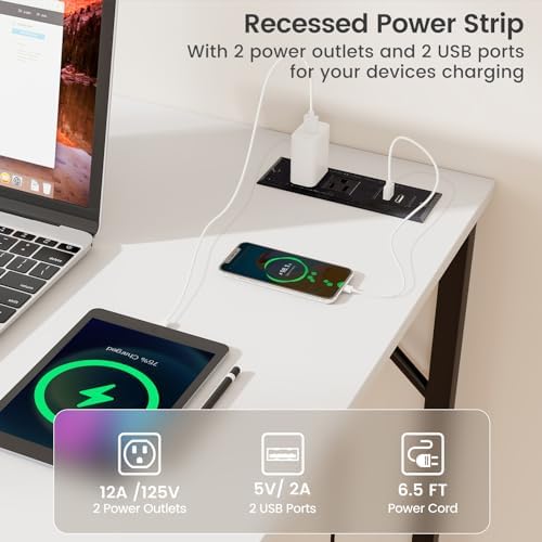 COSTWAY Home Office Desk, 32 Inch Computer Desk with Recessed Power Strip, Storage Bag & Headphone Hook, Wide Desktop, Modern Computer Workstation Writing Table for Home, Office (White + Black)