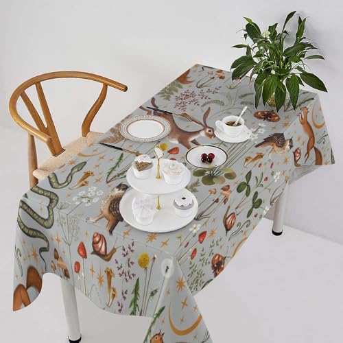 Woodland Animal Tablecloth, Grey Country Forest Hare Squirrel Owl Snake Snail Flowers Mushroom Print Table Cover for Picnic Party Holiday Home Kitchen Dining Table Decor 55x55in