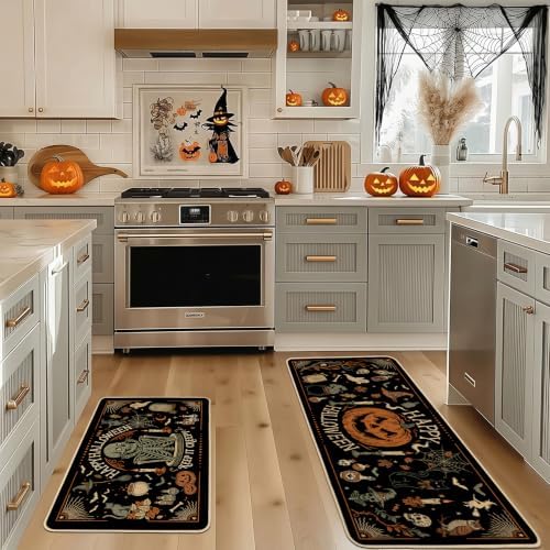 Baccessor Halloween Kitchen Rugs Set of 2, Vintage Skeleton Witch Black Kitchen Mats Low-Profile Non Slip Washable Rugs for Floor Home Decor 17x29 and 17x47 Inch