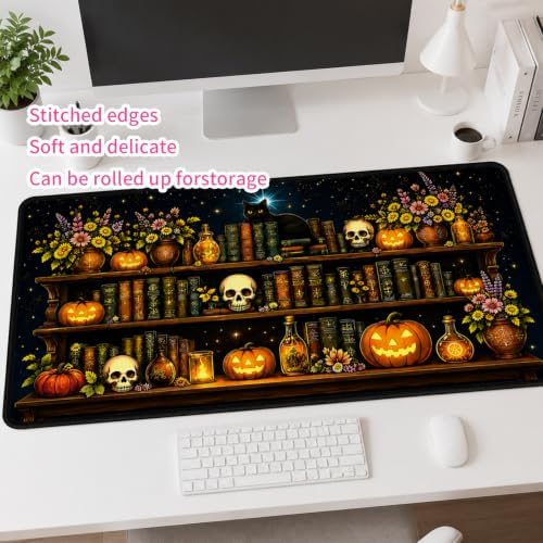 Pumpkin Bookshelf Large Mouse Pad, Black Cat Skull Desk Mat, 31.5"x15.75"