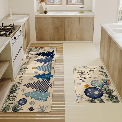 Winter Kitchen Rugs and Mats Set of 2,Let It Snow Blue Christmas Pine Trees Balls Ornament Snowflakes Winter Holiday Sink Mat Non Skid Washable for Home Farmhouse Floor Decor 17"x47"+17"x30"