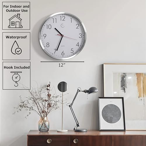 Clockswise 12" Waterproof Aluminum Wall Clock Battery Operated Precision Quartz Movement Weather Resistant Metal Frame for Indoor Outdoor Bathroom Kitchen Patio Garden Living Room Office & Home Décor