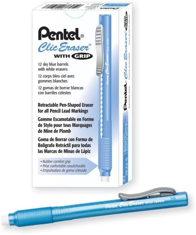 Pentel Clic Eraser Grip, Retractable Eraser, Sky Blue Barrel, Box of 12 (ZE22S)