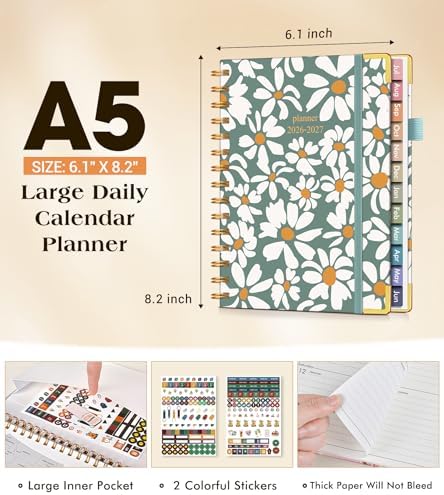 Academic Planner 2026-2027, Hardcover Weekly and Monthly Calendar Planner from July 2026 - June 2027, 6.1" x 8.2" A5 Daily Agenda with Tabs, College School Organizer for Student Teacher, Field of Daisies