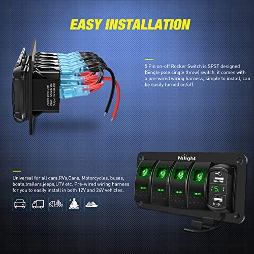 Nilight 4 Gang Rocker Switch Panel with Dual USB Socket Voltmeter