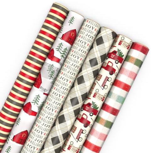 Hallmark Rustic Christmas Wrapping Paper, 6 Rolls (Plaid, Red Truck, Barn)
