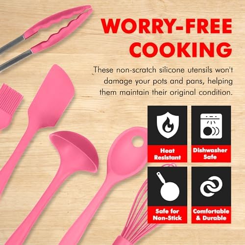 Chef Craft - Premium Silicone Kitchen Tools and Utensils Set, Non-Scratch, Withstands Temperatures up to 450°F, BPA-Free, 9 Piece Cooking Utensils Set, Pink
