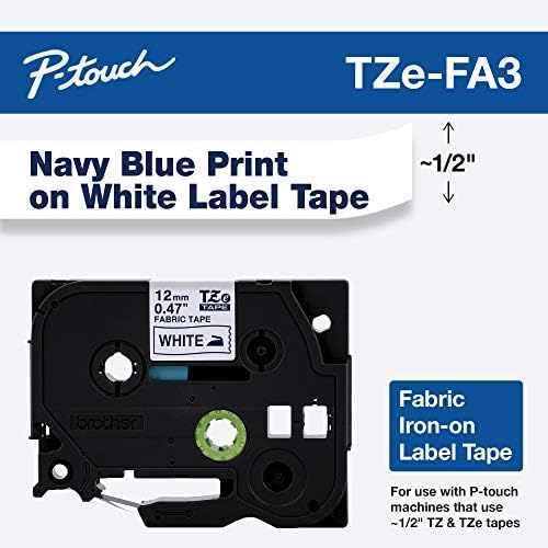 Brother Genuine P-Touch TZE-FA3 Fabric Iron-On Tape, 1/2" (0.47") Wide, Navy Blue on White, Can be Ironed onto Virtually Any Cotton Item, 12mm x 3M, Single-Pack, TZEFA3