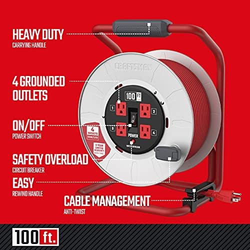 CRAFTSMAN 100 Ft. Contractor Retractable Cord Reel, 4 Outlets