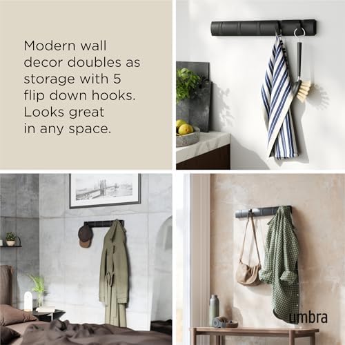 Umbra Flip Coat Rack, Wall Mounted 5-Hook Space Saving, Black/Black