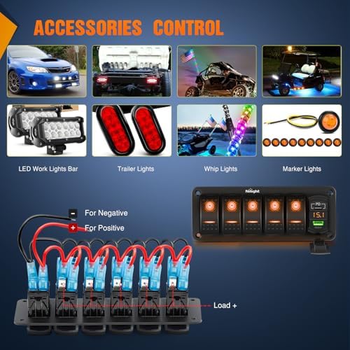 Nilight 5 Gang Rocker Switch Panel with PD Type C and USB Charger Voltmeter