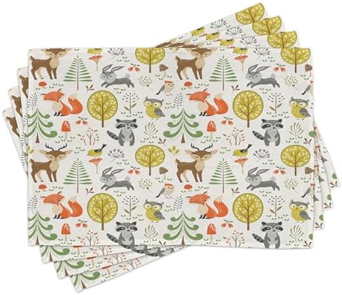 Lunarable Animals Place Mats Set of 8, Woodland Forest Animals Trees Birds Owls Fox Bunny Deer Raccoon Mushroom Print, Washable Fabric Placemats for Dining Table, Placemat 8 pcs, Brown Orange