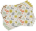 Lunarable Animals Place Mats Set of 8, Woodland Forest Animals Trees Birds Owls Fox Bunny Deer Raccoon Mushroom Print, Washable Fabric Placemats for Dining Table, Placemat 8 pcs, Brown Orange