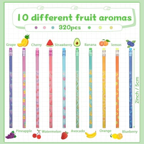 Teling 320 Pcs Wooden HB Scented Pencils Bulk with Erasers for Classroom