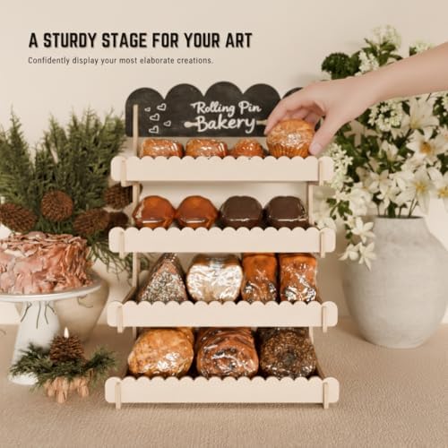 HOTCAN Wooden Cookie Display Stand with Chalkboard Sign for Bakers, Vendors, Craft Fairs | Pastry Display for Market Booths & Events | 4 Tiered Cookie Display for Muffins, Cakes, and Pastries(Natural)