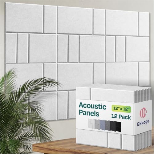 Acoustic Panels 12-Pack Soundproof Wall Panels 12"x12"x0.4" Decorative Sound Dampening for Your Home, Office, Studio, Bedroom & More with Unique GridFrame Carving [White]
