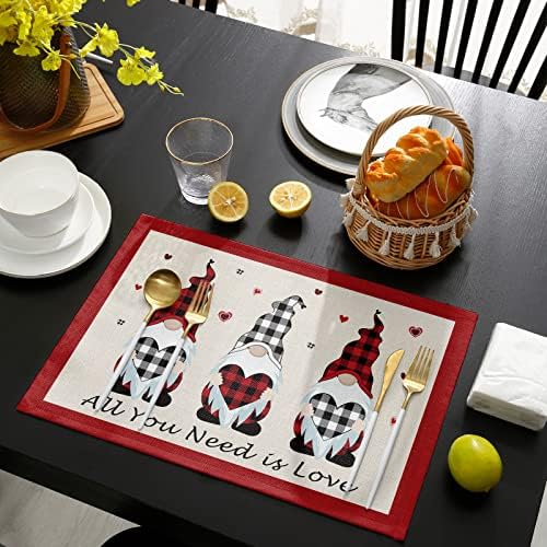 Vandarllin Valentines Day Gnomes Placemats Set of 4,Buffalo Check Plaid Love Hearts Polyester Stain Resistant Table Mats Washable Placemat Decoration for Kitchen Dining Table Rustic Farmhouse