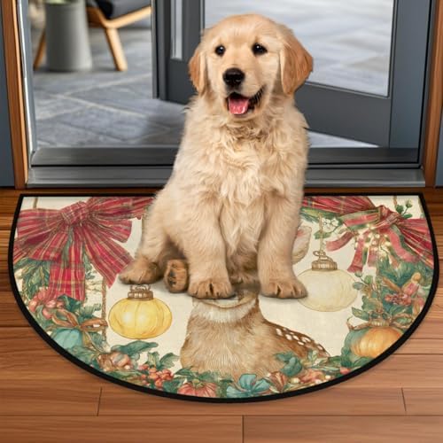 Pardick Christmas Retro Deer Half Round Door Mat, Non-Slip Welcome Indoor Entrance Way Rug Semi Circle Front Doormats Washable Bathroom Kitchen Floor Mat, Outdoor Rugs for Garage, Patio, Hearth Rug
