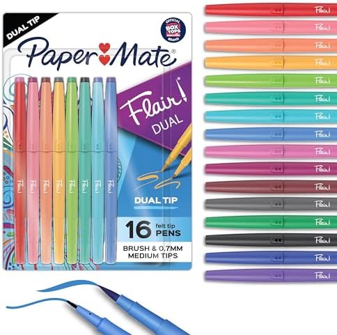 Paper Mate Flair DUAL Felt Tip Pens, Brush and Medium Tips, 16 Count - Journaling, Note-Taking, Hand Lettering